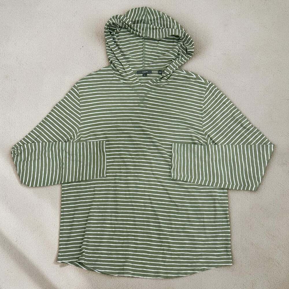 Vince Stripe Slub Long Sleeve Hooded T-Shirt in Green, Size Large
